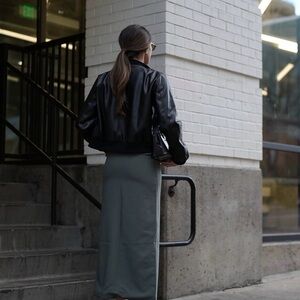REVOLVE Black Leather Bomber Jacket with Olive Green Skirt